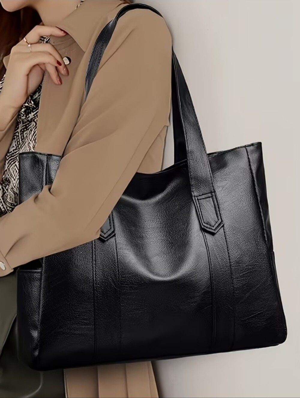 Classic Black Leather Tote Bag - Women's Shoulder Handbag